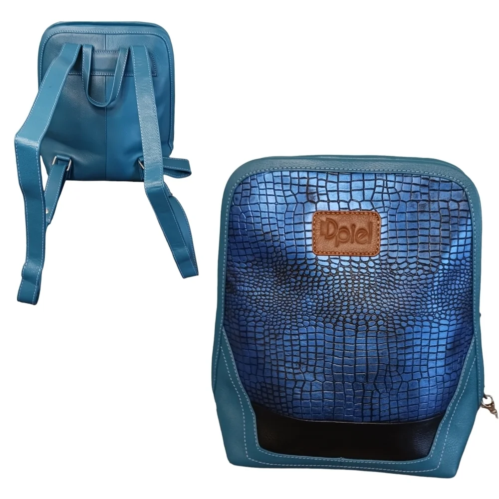 Womens 100% Leather Backpack Style Handbag Teal Blue Animal Print NWT metallic